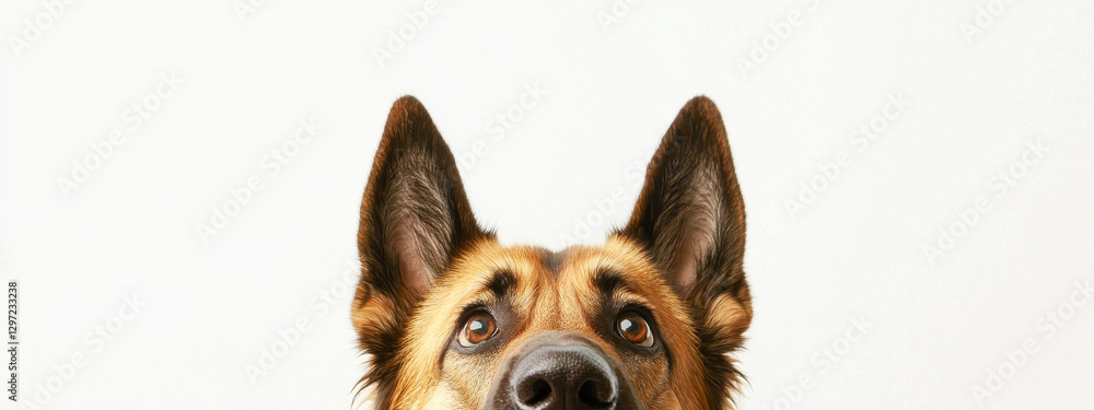 Obraz premium Curious German Shepherd dog peeking from the bottom with attentive eyes and perked ears on white background. Concept of pet curiosity, loyal companion, intelligent dog breed, canine alertness