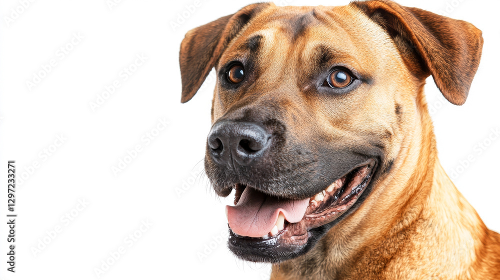 Happy dog close-up with open mouth on white background. concept of pet joy, canine expression, dog portrait, animal love. Copy space Happy dog close-up with open mouth on white background. concept of pet joy, canine expression, dog portrait, animal love. Copy space