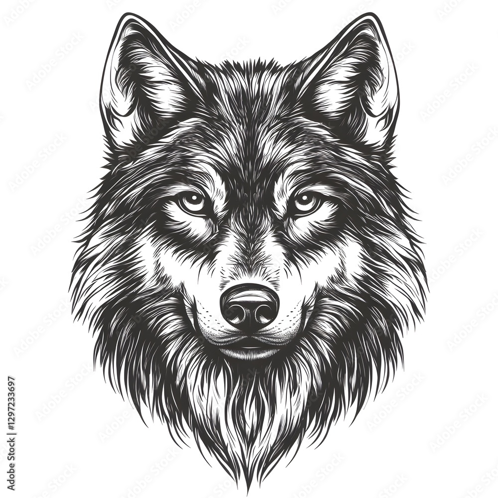 Highly Detailed Black and White Vector Graphic of Wolf's Head with Black Contour Highly Detailed Black and White Vector Graphic of Wolf's Head with Black Contour