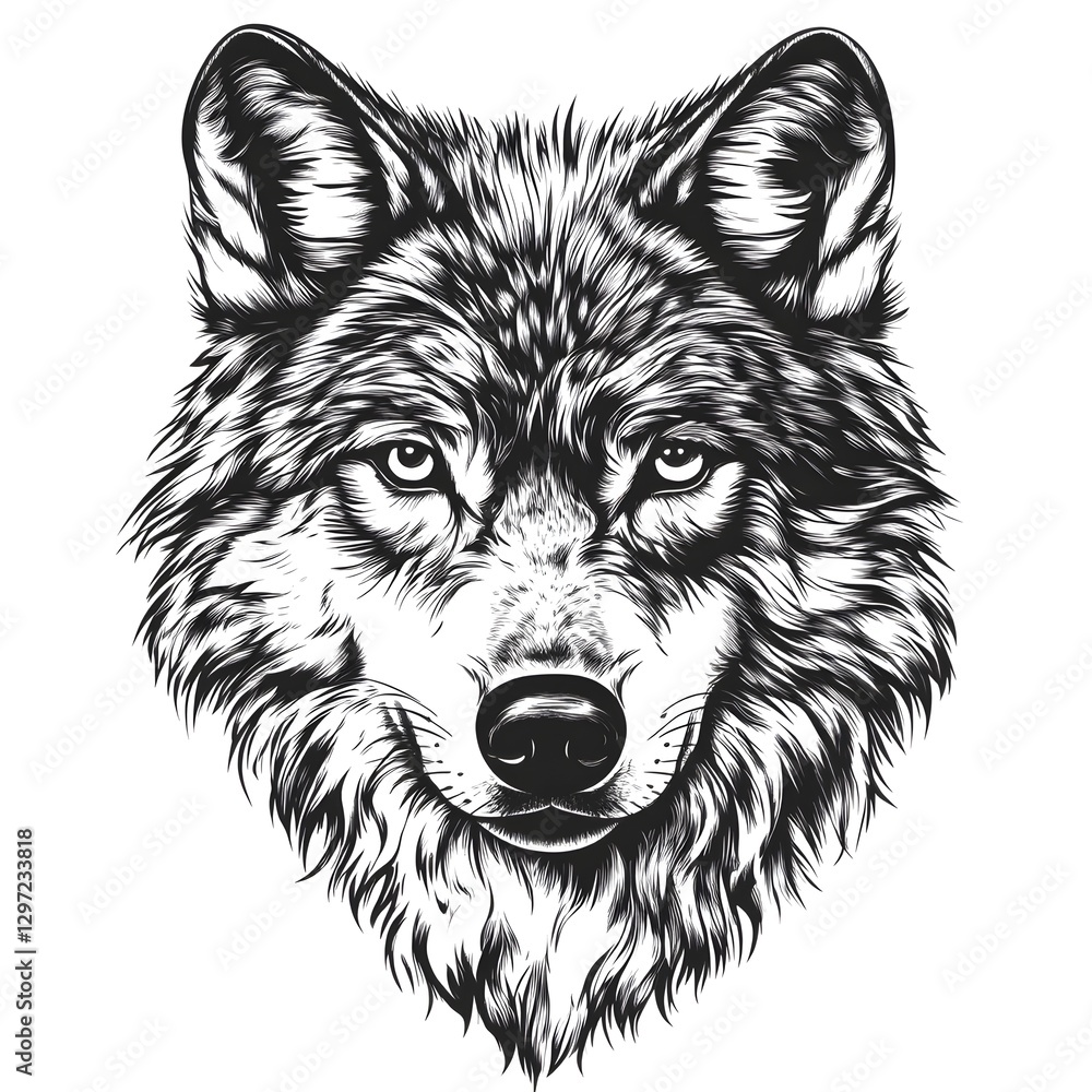 Highly Detailed Black and White Vector Graphic of Wolf's Head with Black Contour Highly Detailed Black and White Vector Graphic of Wolf's Head with Black Contour