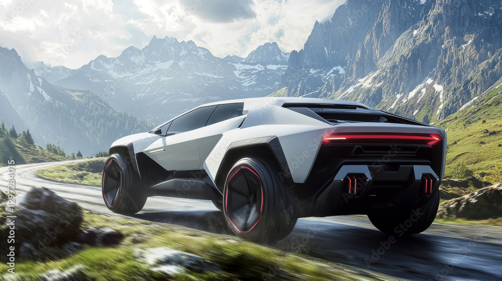 Naklejka premium Futuristic sports SUV driving through scenic mountain road. Concept of modern car, high-performance vehicle, luxury automotive design, adventure travel, speed, power, innovation, scenic drive