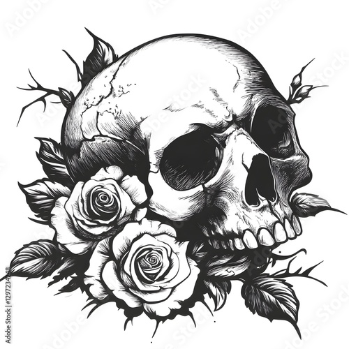 Black and White Skull with Roses Tattoo Design, Sticker-Style Clipart Illustration photo