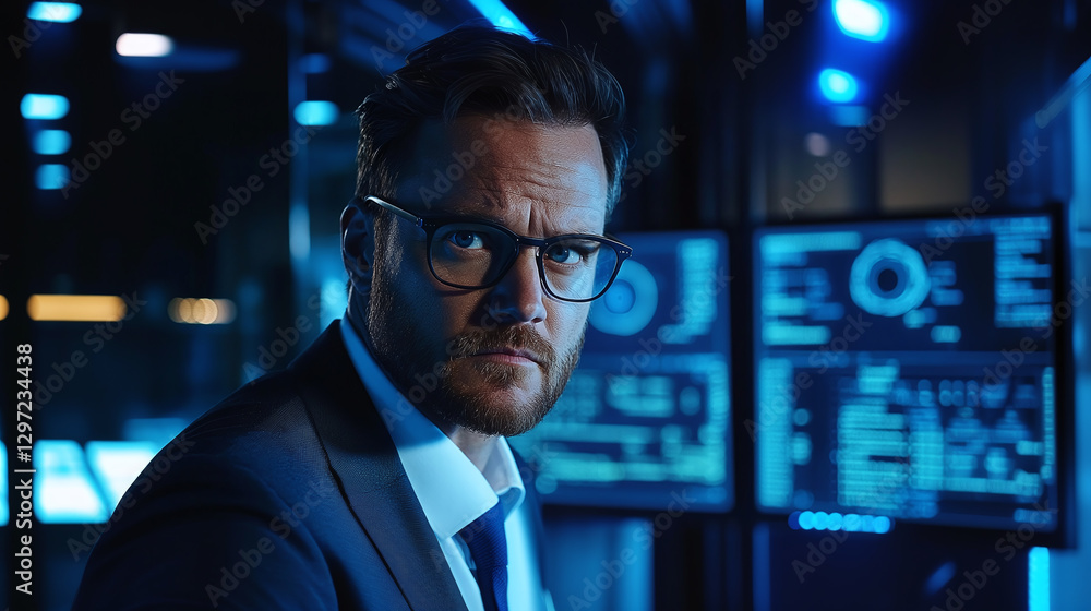 Focused man in suit with a stern gaze, possibly in cybersecurity or high-tech environment, with multiple screens displaying data visualizations. Focused man in suit with a stern gaze, possibly in cybersecurity or high-tech environment, with multiple screens displaying data visualizations.