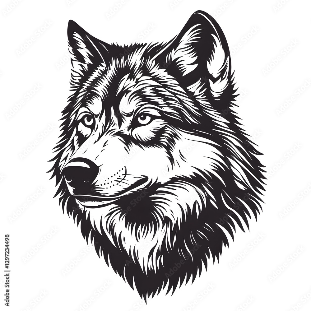 Naklejka premium Highly Detailed Black and White Vector Illustration of a Wolf's Head