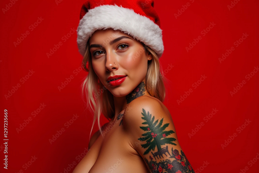 Festive Portrait of Smiling Woman in Red Hat with Christmas Tree Tattoo
Festive Portrait of Smiling Woman in Red Hat with Christmas Tree Tattoo