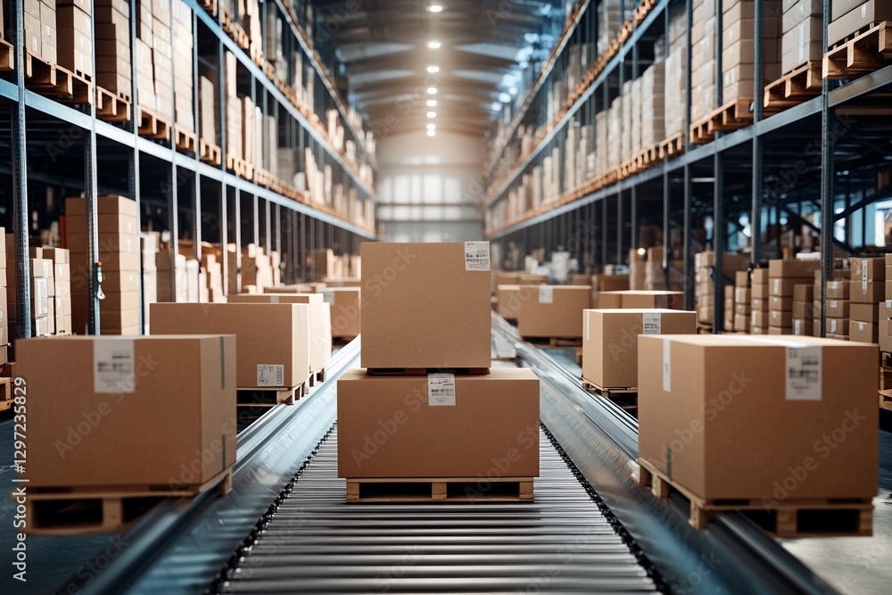 Fototapeta premium Numerous cardboard boxes are arranged on a conveyor belt inside an expansive warehouse