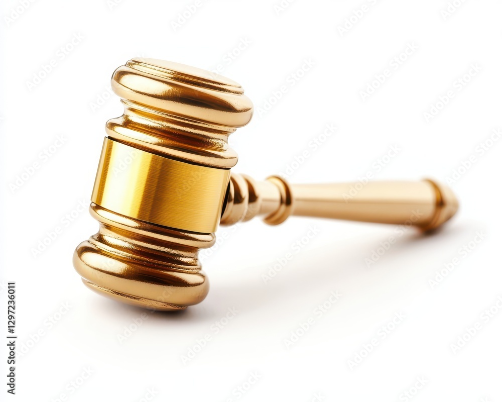 Singular Golden Gavel on Crisp White Canvas, Signifying Justice and Authority Singular Golden Gavel on Crisp White Canvas, Signifying Justice and Authority