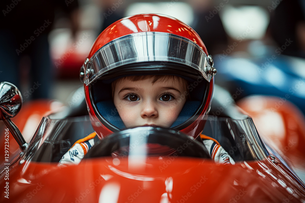 Child wearing a red helmet sits in a small red race car, looking intently at the camera indoors.