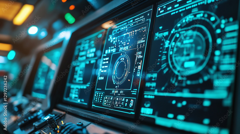 Fototapeta premium Futuristic command center with glowing interfaces.