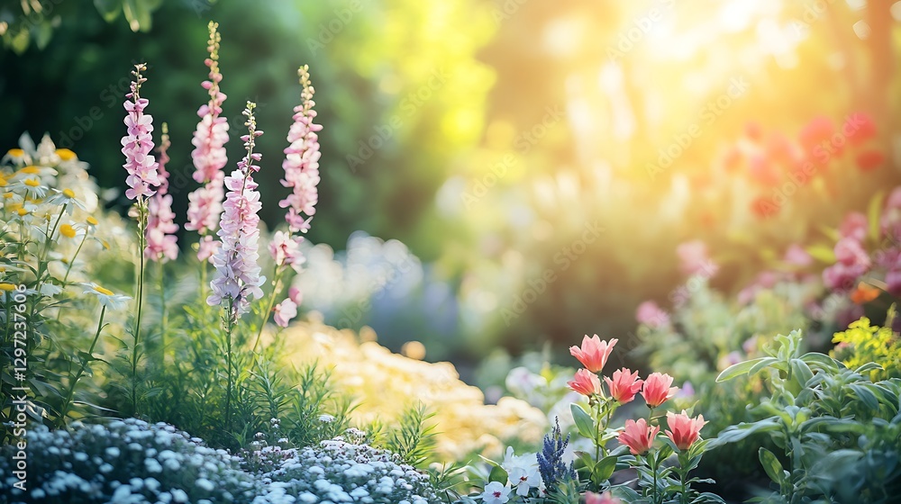Obraz premium Vibrant floral pathway illuminated by dappled sunlight high resolution picture