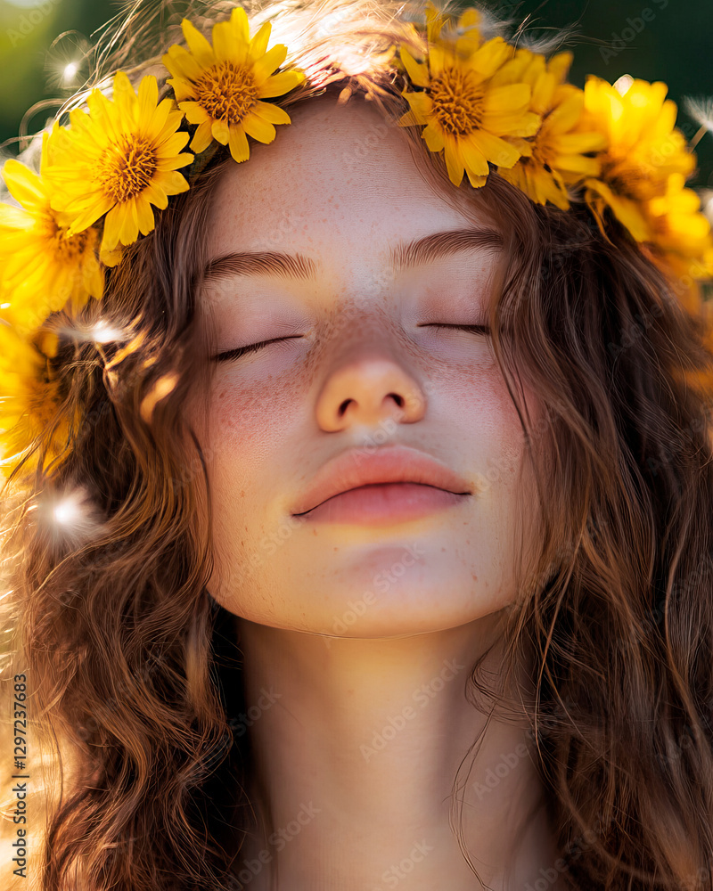 Young woman with dandelion wreath and serene expression relaxing in nature. Spring, summer concept. Young woman with dandelion wreath and serene expression relaxing in nature. Spring, summer concept.