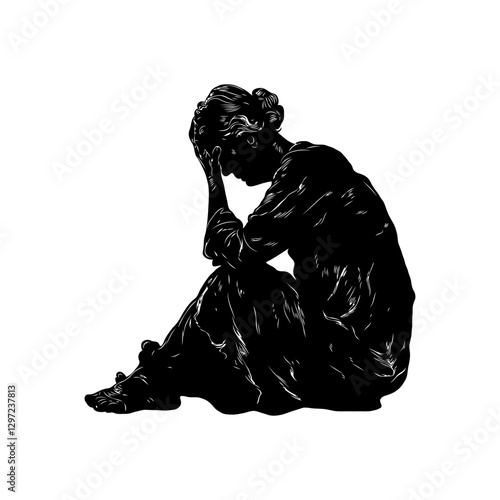 Black silhouette of a seated woman in distress holding her head, white background, detailed artistic style, concept of sadness. Concept of solitude and depression