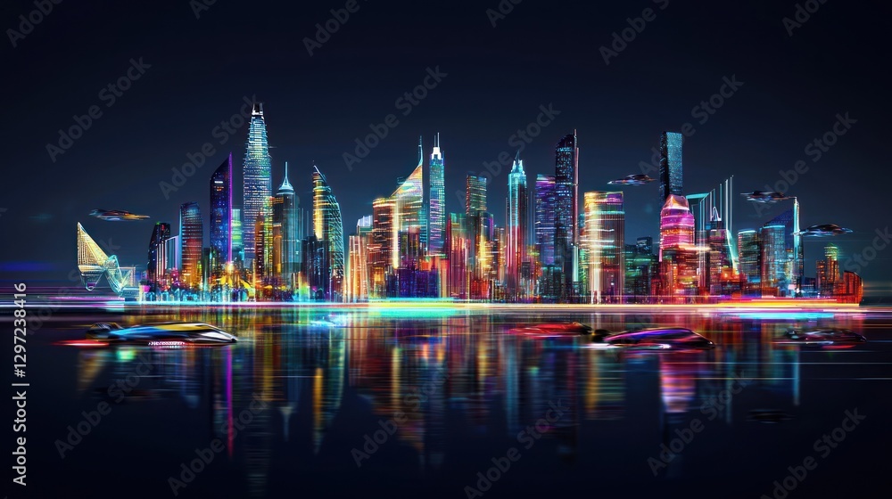 Fototapeta premium Futuristic cityscape at night, reflected in water, with vibrant lights and flying vehicles.