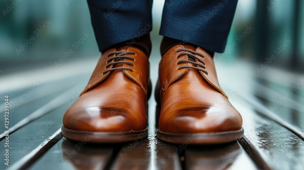 Close-up of polished brown formal shoes resting on a wooden floor, highlighting their texture and design, creating a sophisticated, professional look. Close-up of polished brown formal shoes resting on a wooden floor, highlighting their texture and design, creating a sophisticated, professional look.