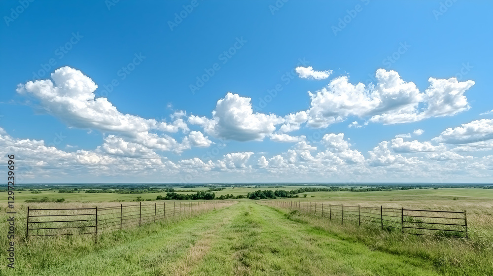 Fototapeta premium Ranch pathway, summer sky, green fields, pastoral landscape, travel