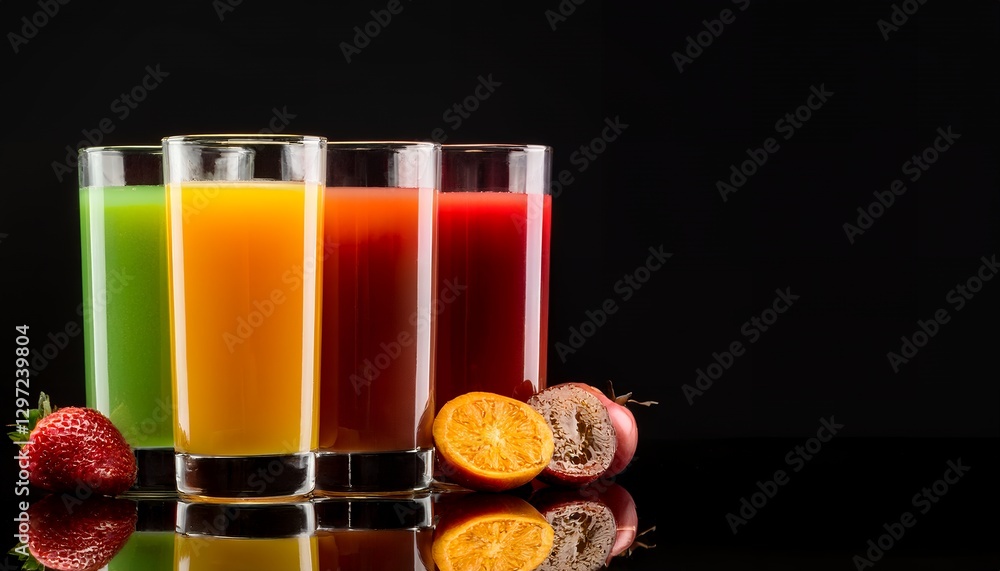 An arrangement of glasses of colorful fresh juices with matching fruits displayed beautifully on a black background in a studio setting. The composition emphasizes health, nutrition, and freshness An arrangement of glasses of colorful fresh juices with matching fruits displayed beautifully on a black background in a studio setting. The composition emphasizes health, nutrition, and freshness