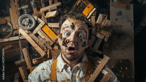 Shocked carpenter in the middle of chaotic woodwork explosion with flying debris