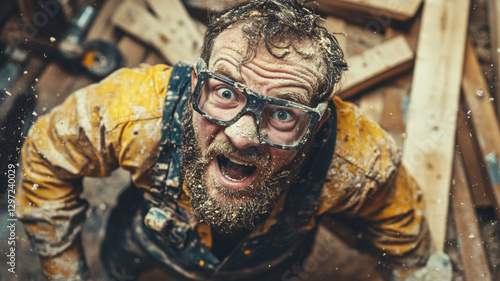 Shocked carpenter in the middle of chaotic woodwork explosion with flying debris