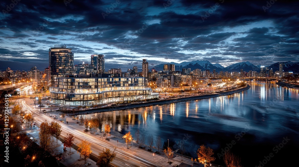 Fototapeta premium Cityscape twilight riverfront lights mountains