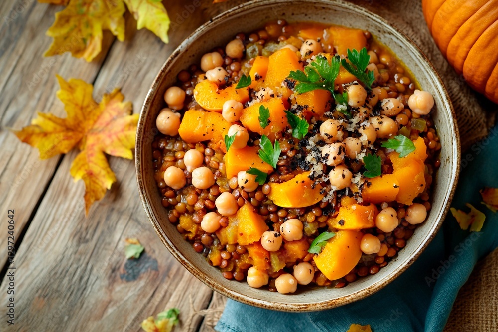 A comforting bowl of chickpeas and squash garnished with fresh herbs sits on a wooden table surrounded by autumn leaves. The warm colors evoke a cozy fall atmosphere A comforting bowl of chickpeas and squash garnished with fresh herbs sits on a wooden table surrounded by autumn leaves. The warm colors evoke a cozy fall atmosphere