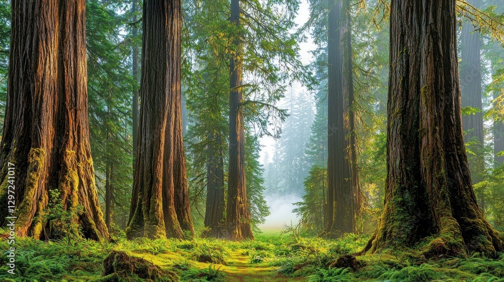 Obraz premium Majestic redwood forest with fog and moss.