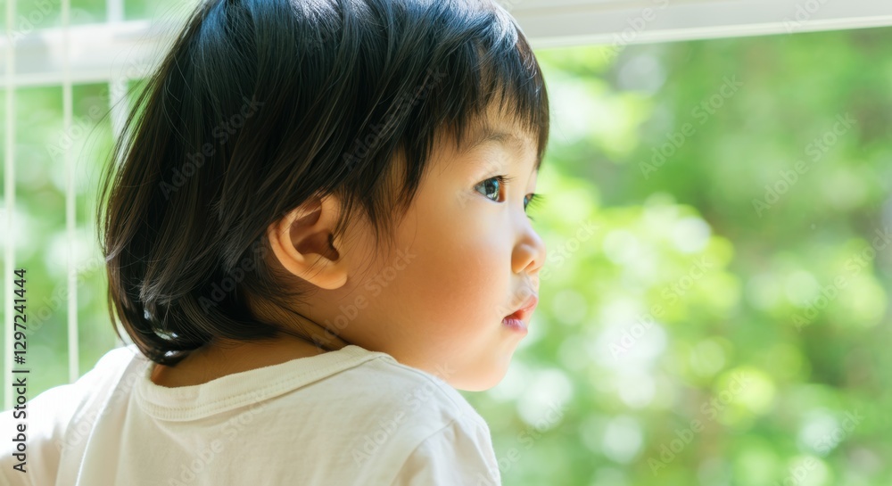 Asian toddler looking thoughtfully out window with nature background Asian toddler looking thoughtfully out window with nature background