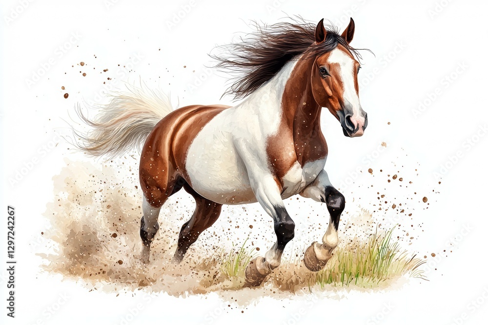 Obraz premium Brown and white horse is running through a field of dirt