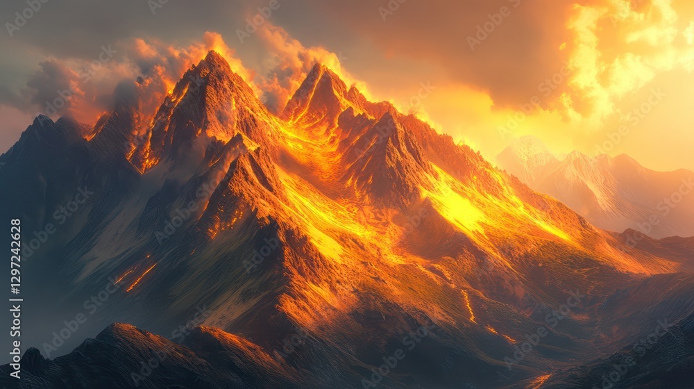 Fototapeta premium Golden Sunset Illuminates Jagged Mountain Peaks In Stunning Landscape