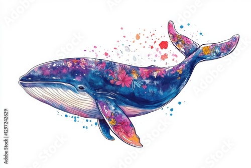 Majestic Cosmic Whale Surrounded by Vibrant Floral Patterns and Colors
