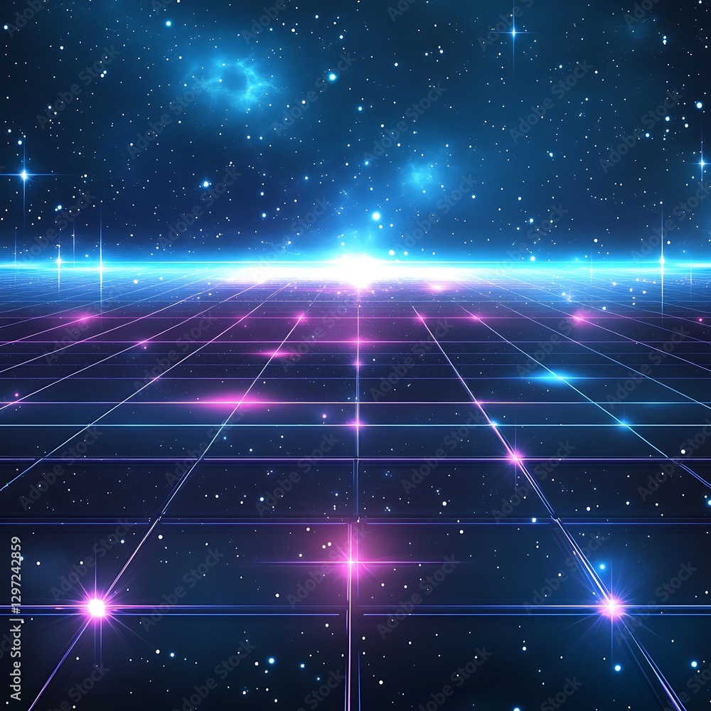 Retro Cyber Grid with Starry Cosmic Background 80s Style Space Scene Future Digital Art Retro Cyber Grid with Starry Cosmic Background 80s Style Space Scene Future Digital Art