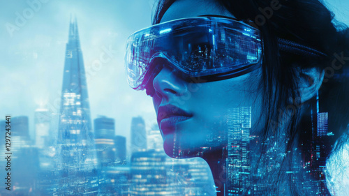 Cyberpunk Cityscape Reflected in Virtual Reality Glasses