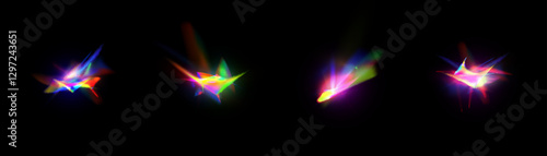 Rainbow light rays, lens flare, reflection effect from crystal, glass or gem. Vector realistic illustration set of light leak effect with spectrum glare, prism refraction, lens flare	