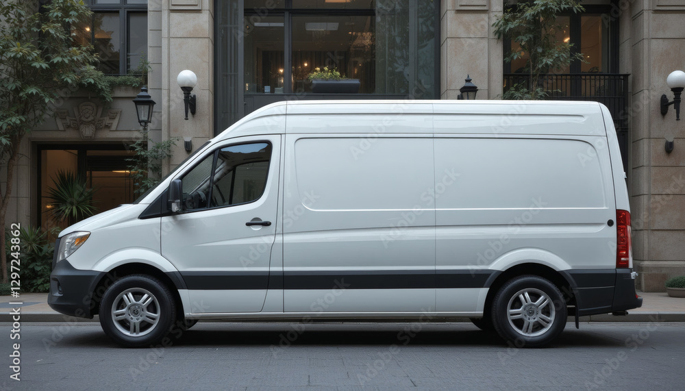 Luxury White Van with Polished Glossy Panels for High-End Advertising Space Luxury White Van with Polished Glossy Panels for High-End Advertising Space