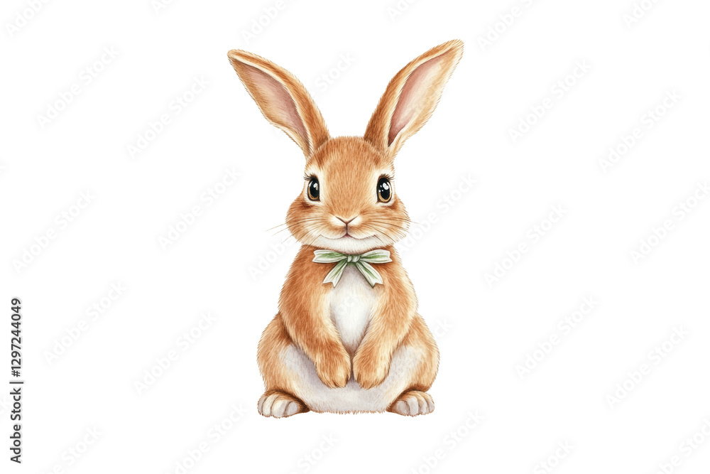 Rabbit with a green ribbon around its neck is sitting on a white background, isolated Rabbit with a green ribbon around its neck is sitting on a white background, isolated