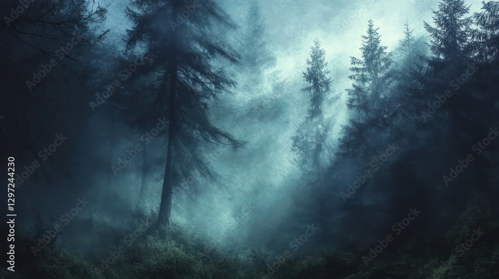 Fototapeta premium A mysterious forest with tall evergreen trees and mist