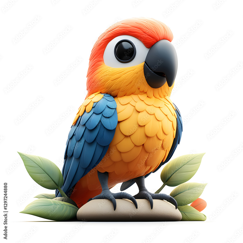 Fototapeta premium Cute sun conure parrot standing on a rock with tropical leaves