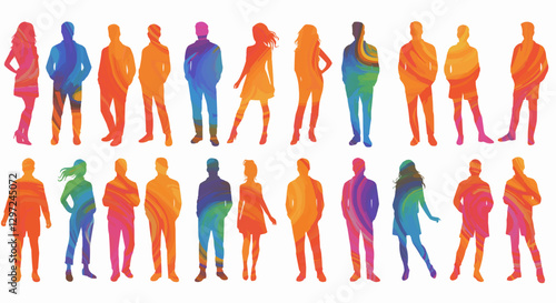 Colorful vector silhouettes men and women, illustration. Silhouettes of young people posing in fashionable clothes. EPS 10 version.	