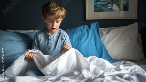 Young boy sitting on edge of his bed with a worried expression, holding a wet bedsheet. emotional aspect of childhood enuresis