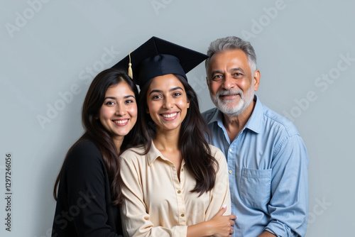 Young Indian Woman in Graduation Gown Posing with Proud Parents
