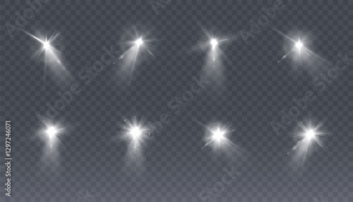 Set of spotlight white light isolated on transparent background. Vector glowing light effect with transparent rays.	