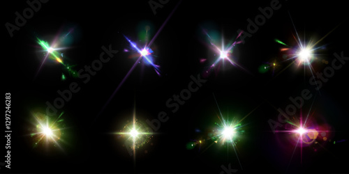 Glowing colorful glare of light on transparent background. Blurred vector collection of sparkles. Explosive flash, sun, flare and bright refraction of light.