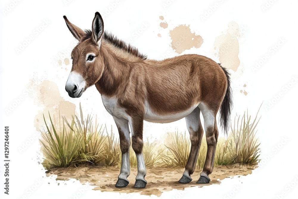 Brown and white donkey stands in a field Brown and white donkey stands in a field