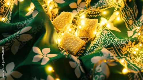 Traditional Kuih Raya Arranged on Batik Fabric with Fairy Lights