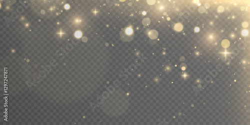Gold dust light bokeh. Christmas glowing bokeh and glitter overlay texture for your design on a transparent background. Golden particles abstract vector background.	