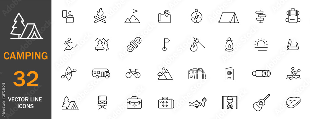 Camping Icon Set: Outdoor Travel & Adventure Vector line Icons.