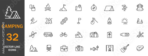 Camping Icon Set: Outdoor Travel & Adventure Vector line Icons.