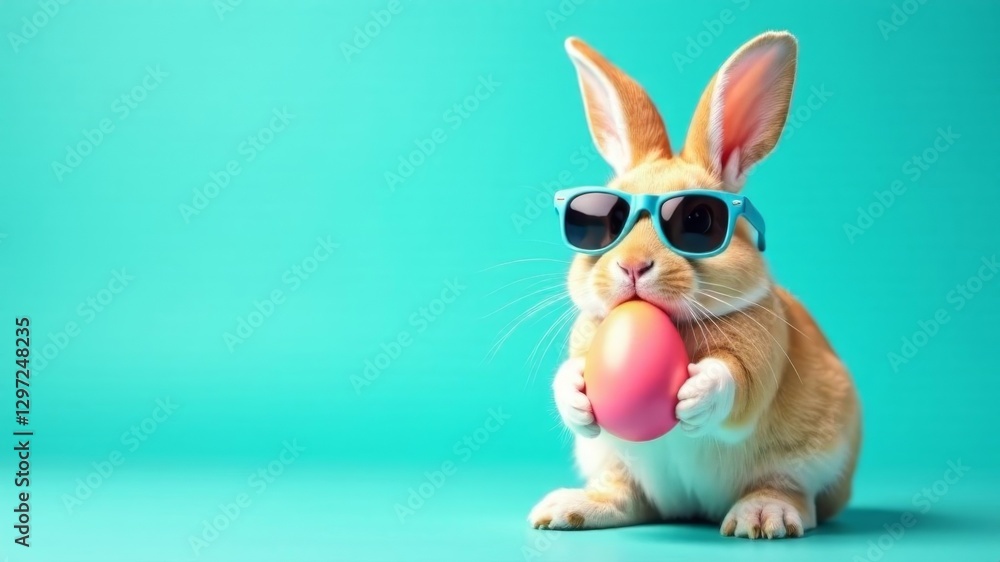 Obraz premium easter bunny in sunglasses with eggs on blue background