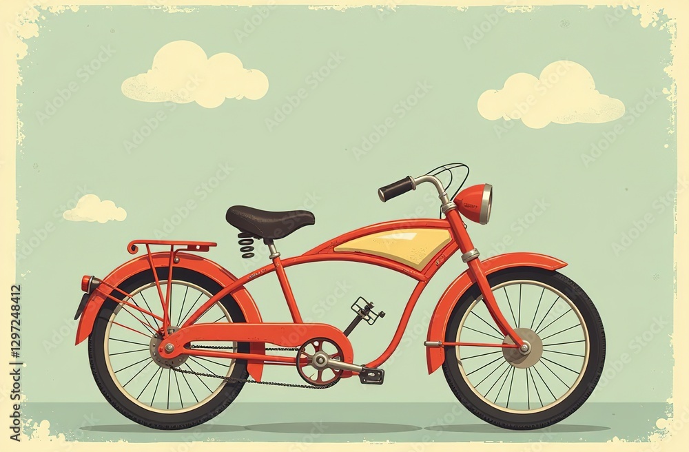 Fototapeta premium Old motorcycle against blue sky with clouds. Vintage, clip art