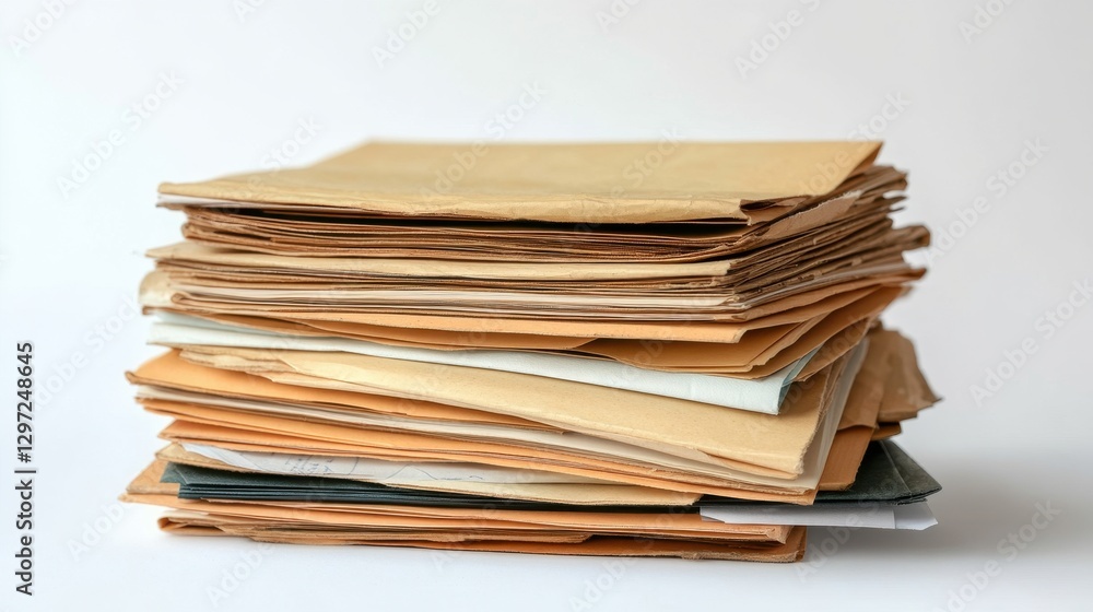 Neatly Arranged Pile of Envelopes and Documents, Isolated Against a Clean Background