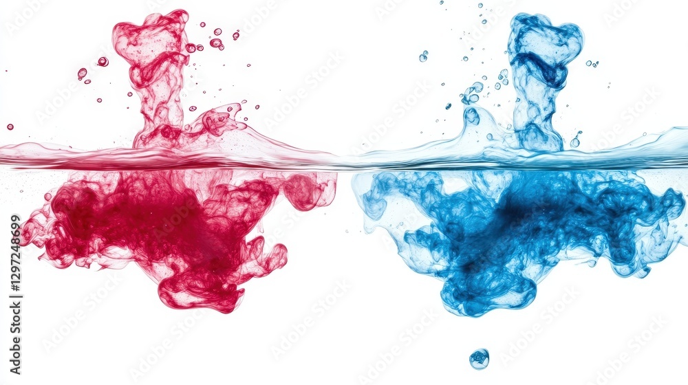 Swirling Red and Blue Ink in Clear Water with Elegant Diffusion Effect Swirling Red and Blue Ink in Clear Water with Elegant Diffusion Effect